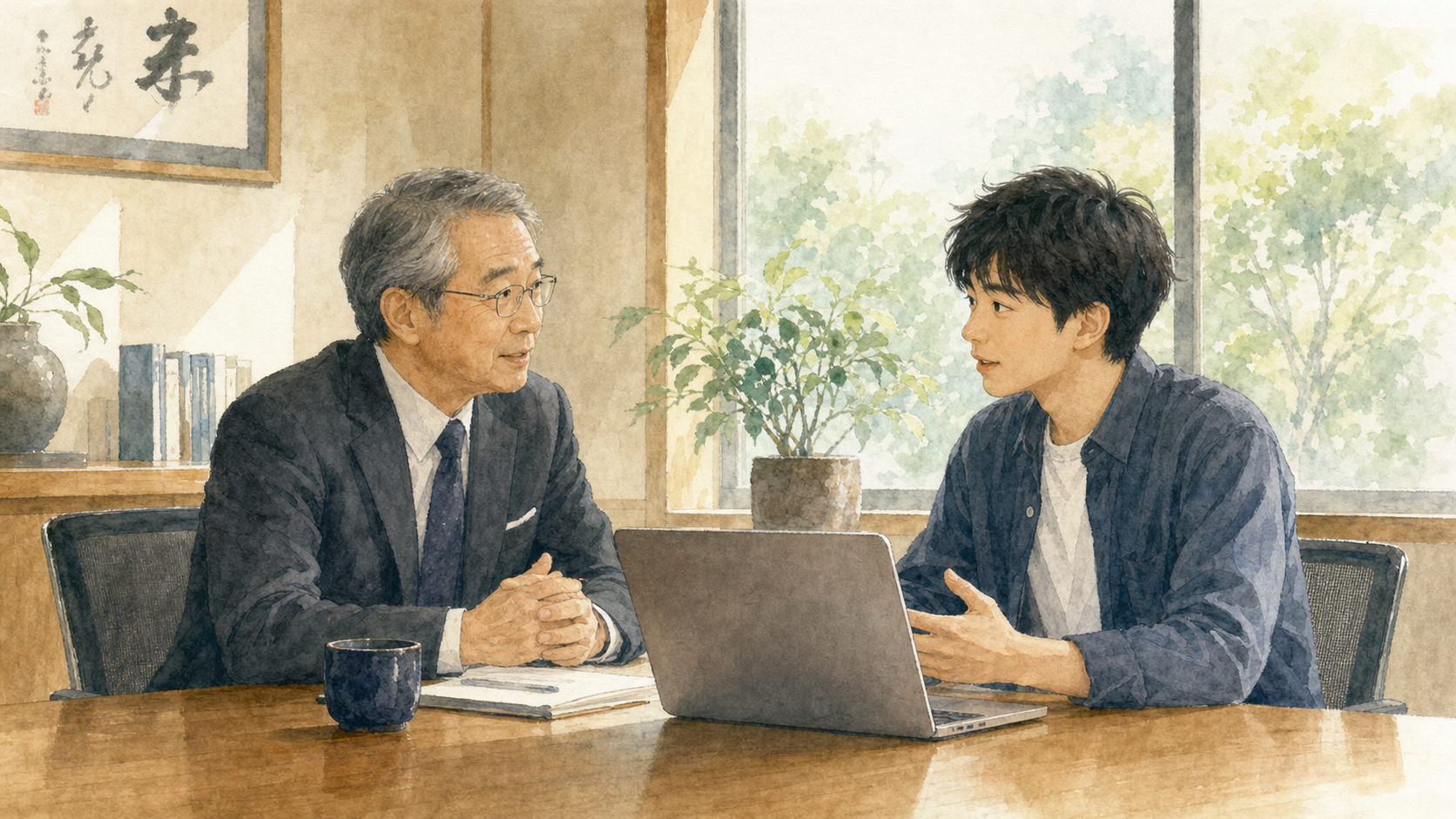 経営者と若手エンジニアが対面で相談しているシーン