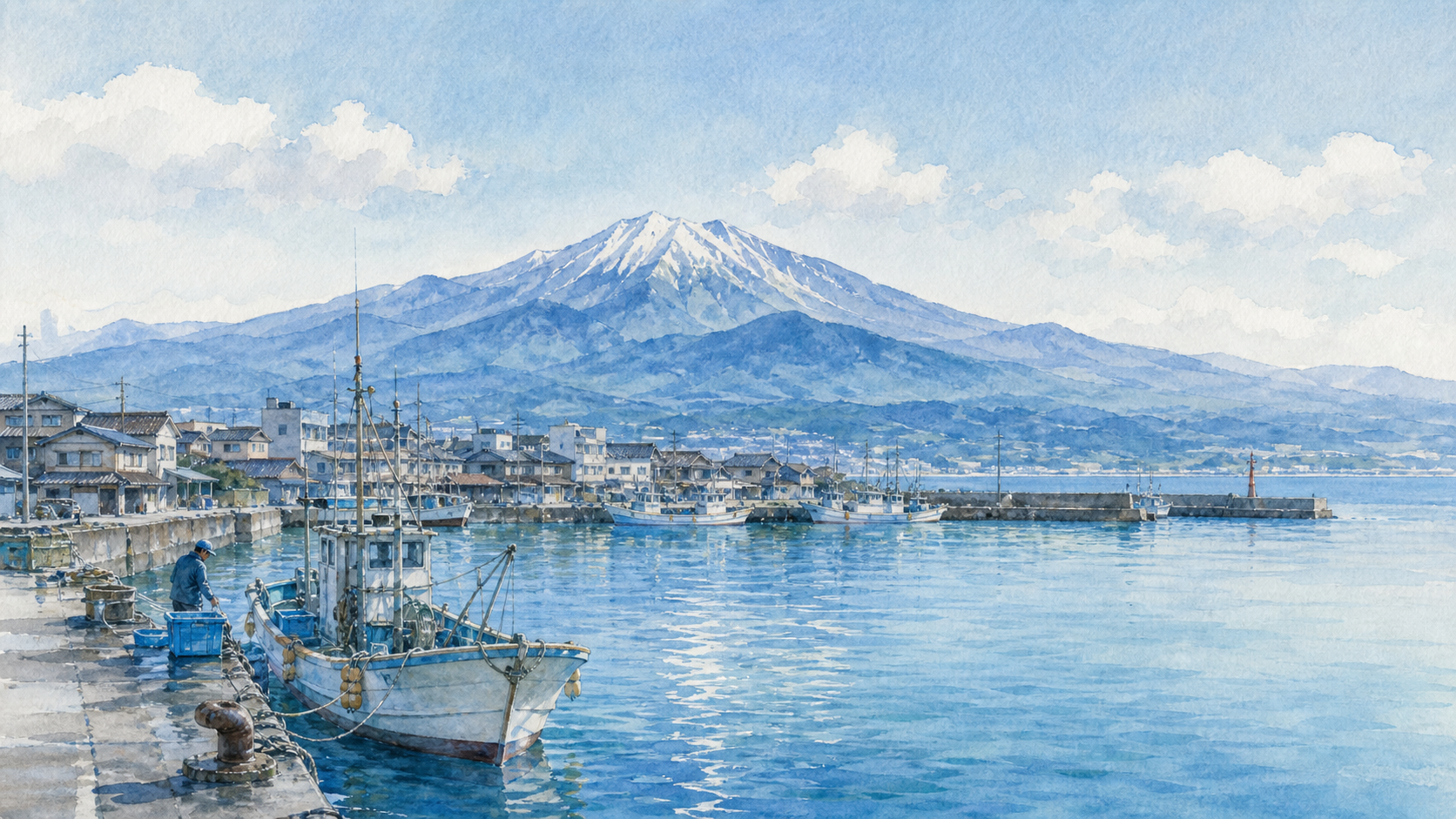 大山と日本海と漁港の風景